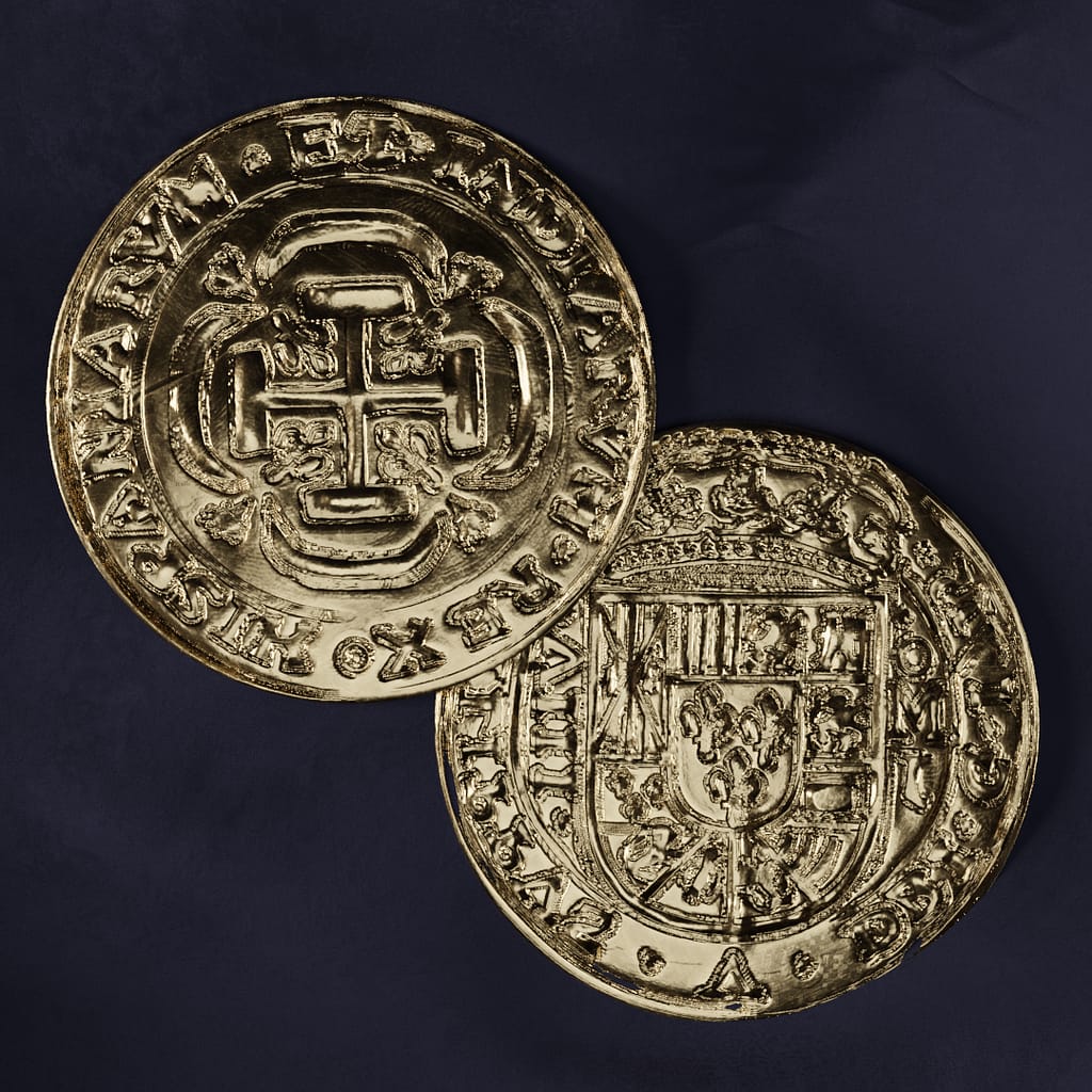 An image rendered showing the results of Modeling Coins in Blender. The Images contains Spanish gold doubloon showing the front and the back.