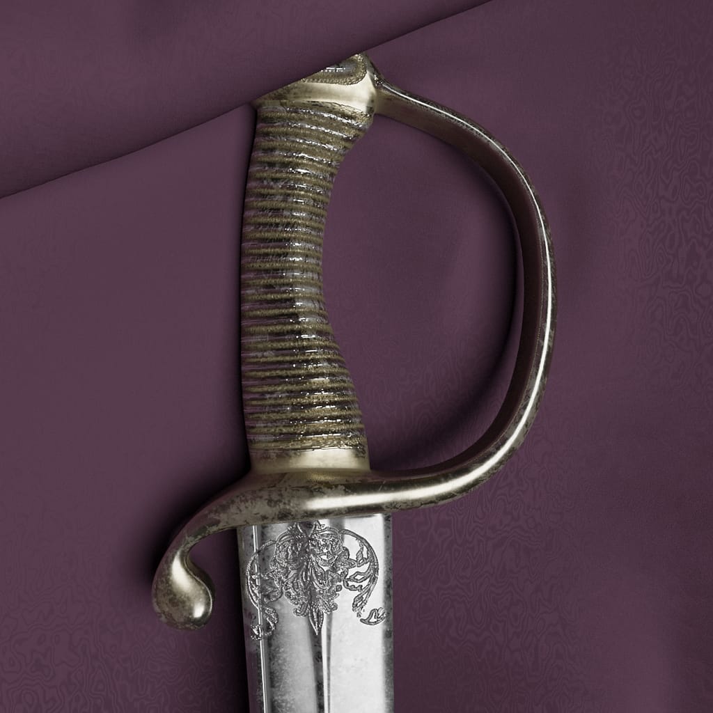 An image rendered in blender focusing on the handle of this 3D model of a cutlass
