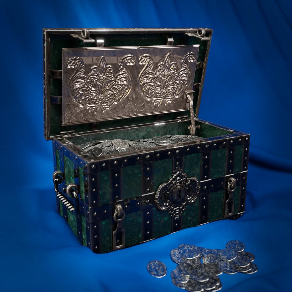 An image rendered in blender showing this 3d model of a Strongbox in a scene with the lid open and filled with coins.
